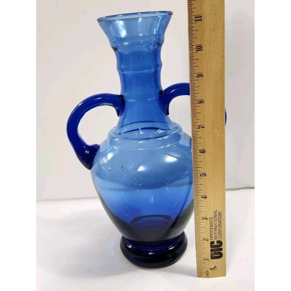 Vintage Cobalt Blue Hand Blown Vase Glass Applied Handles Made In Spain
